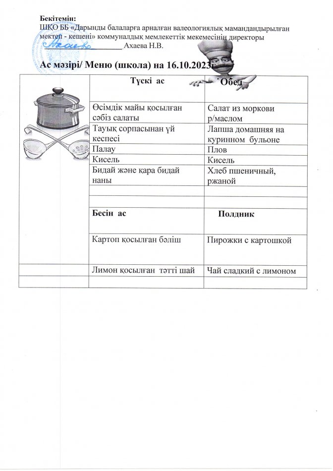 Меню на 16.10.2023г
