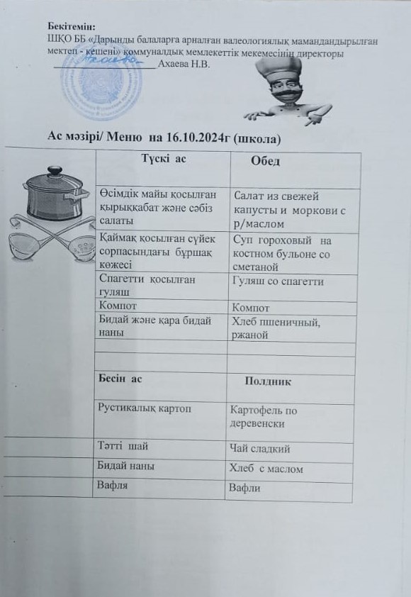 Меню на 16.10.2024г